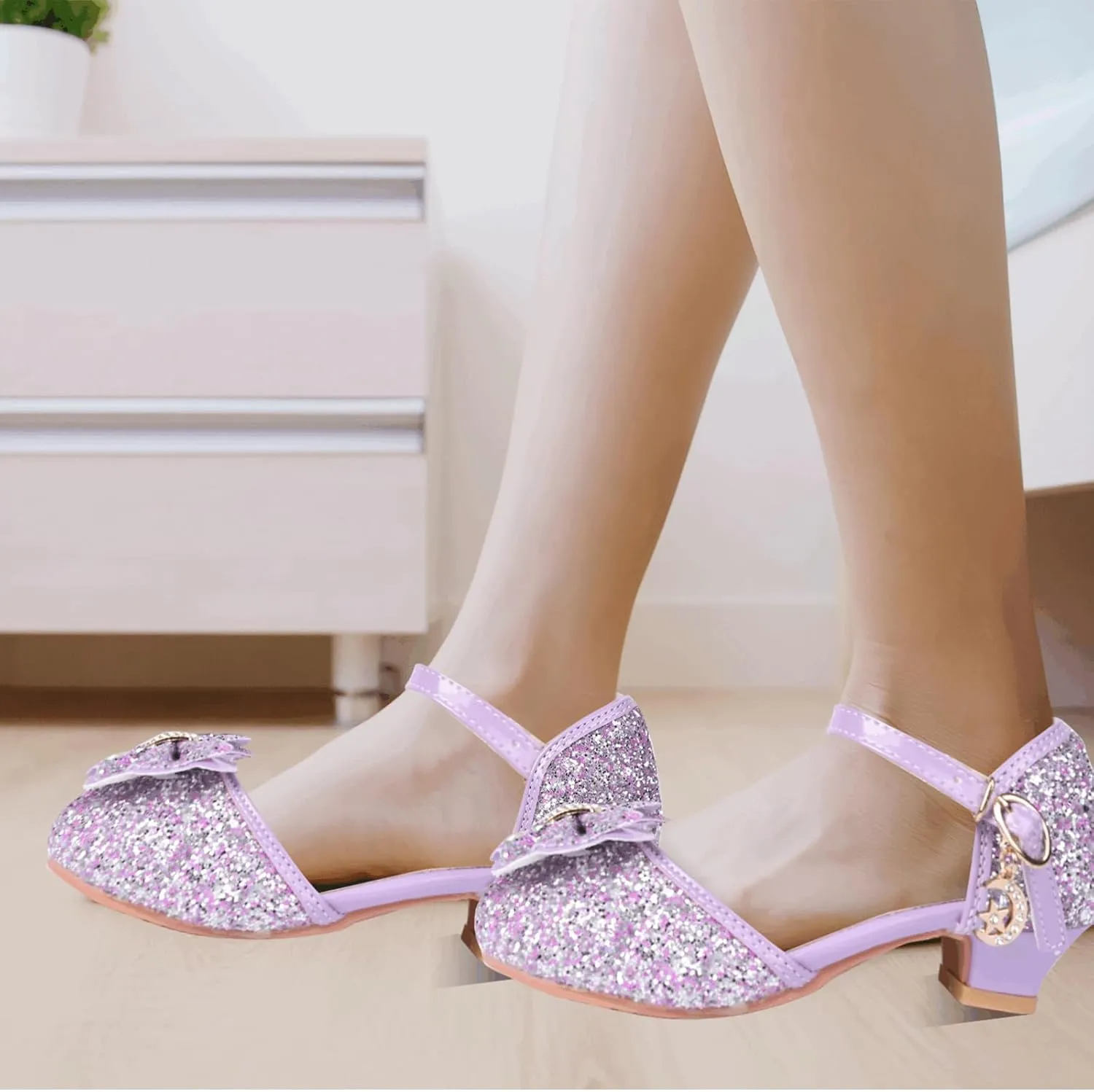 Princess Shoes Glitter-Girl Dress Shoes for Toddler Little Kid Round Toe with Bow,1.2" Low Heel for Wedding Christmas Party Father-Daughter Dance