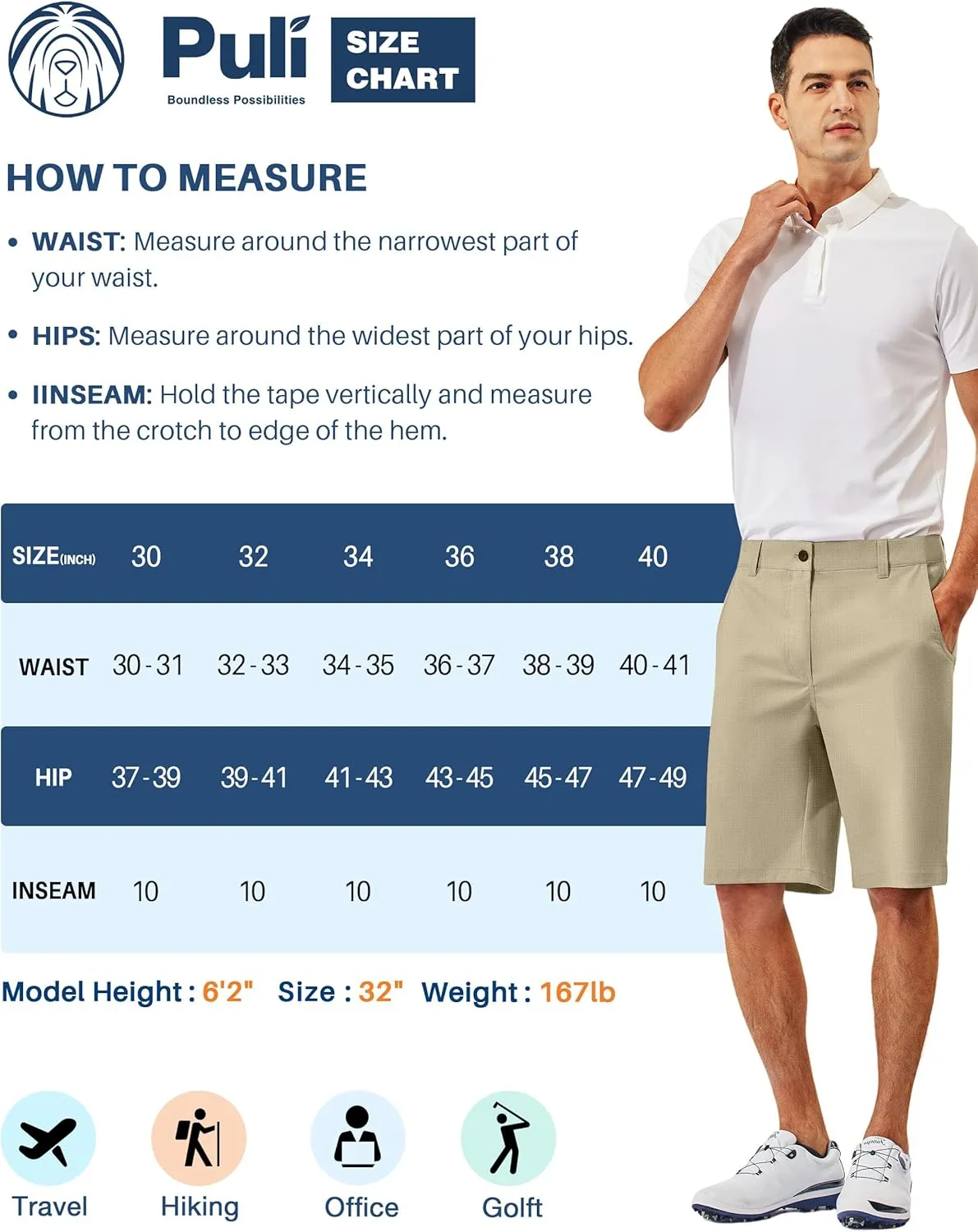 PULI Men's 10" Golf Shorts Dress Casual Summer Flat Front Lightweight Travel Short with Pockets