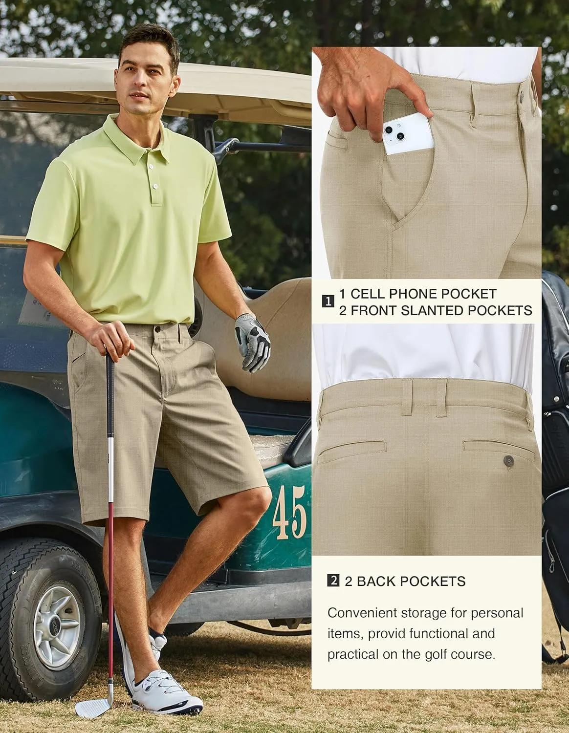 PULI Men's 10" Golf Shorts Dress Casual Summer Flat Front Lightweight Travel Short with Pockets