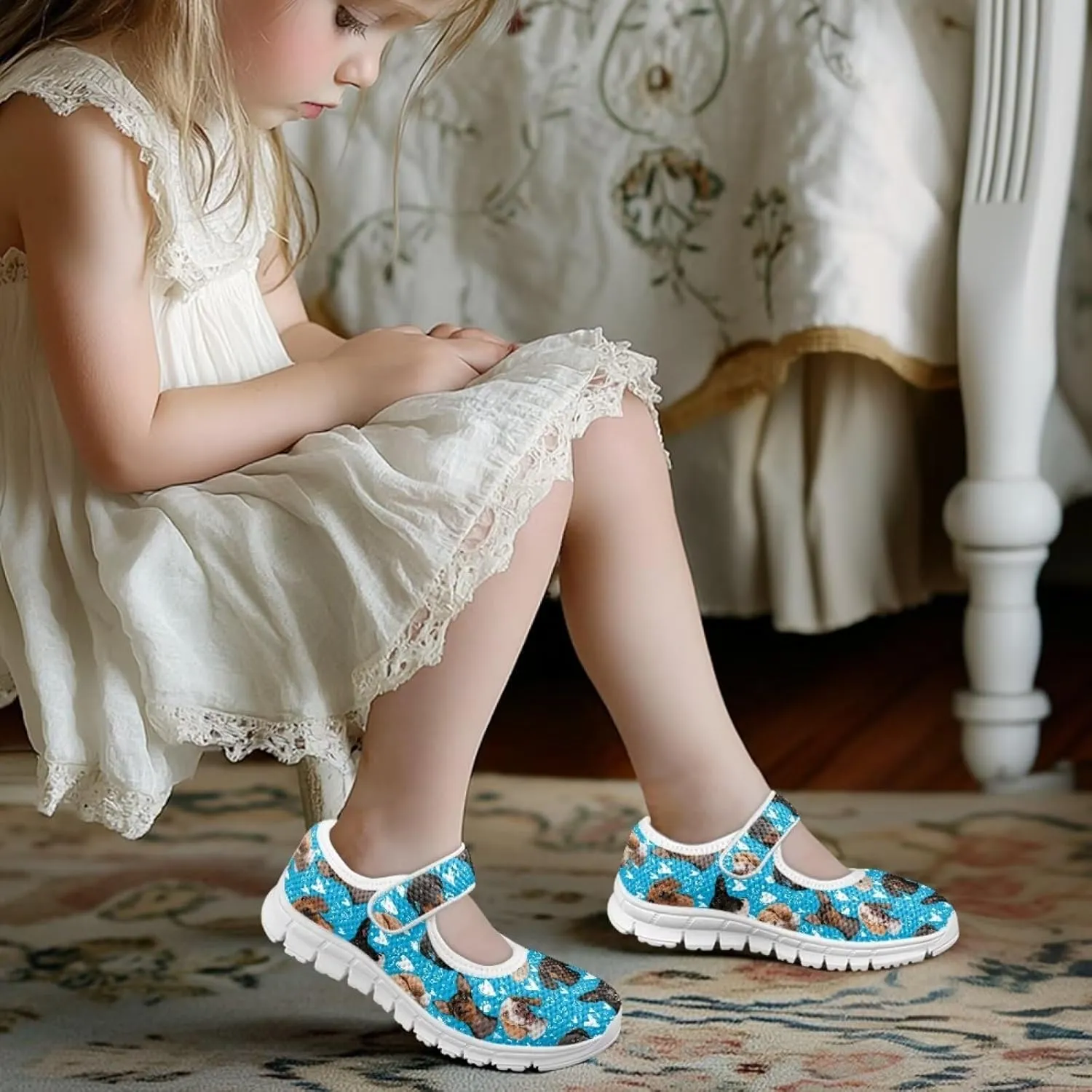 Puppy Print Mary Jane Shoes for Girls Toddler Dress Shoes Breathable Running Tennis Sneaker School Mesh Barefoot Shoes