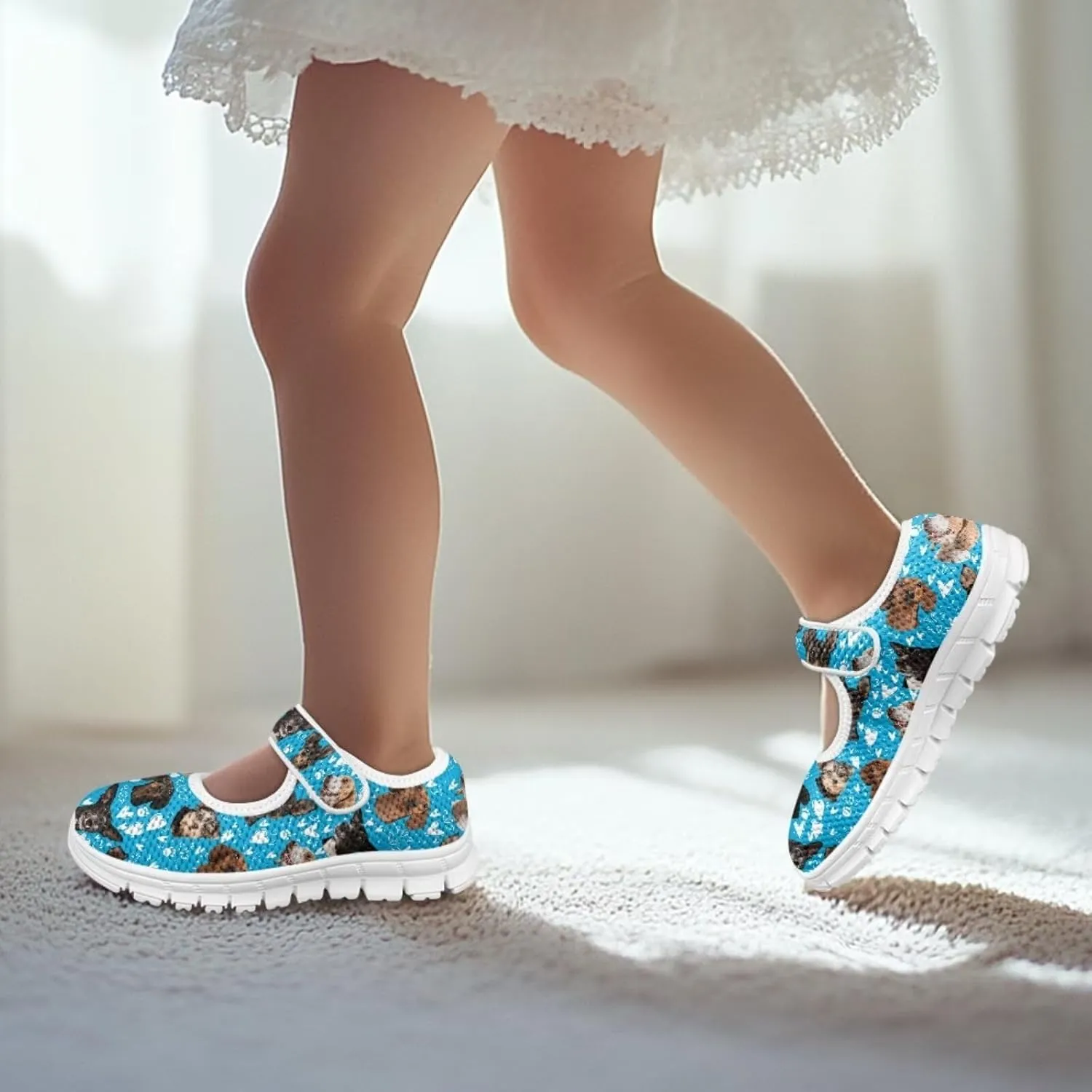 Puppy Print Mary Jane Shoes for Girls Toddler Dress Shoes Breathable Running Tennis Sneaker School Mesh Barefoot Shoes