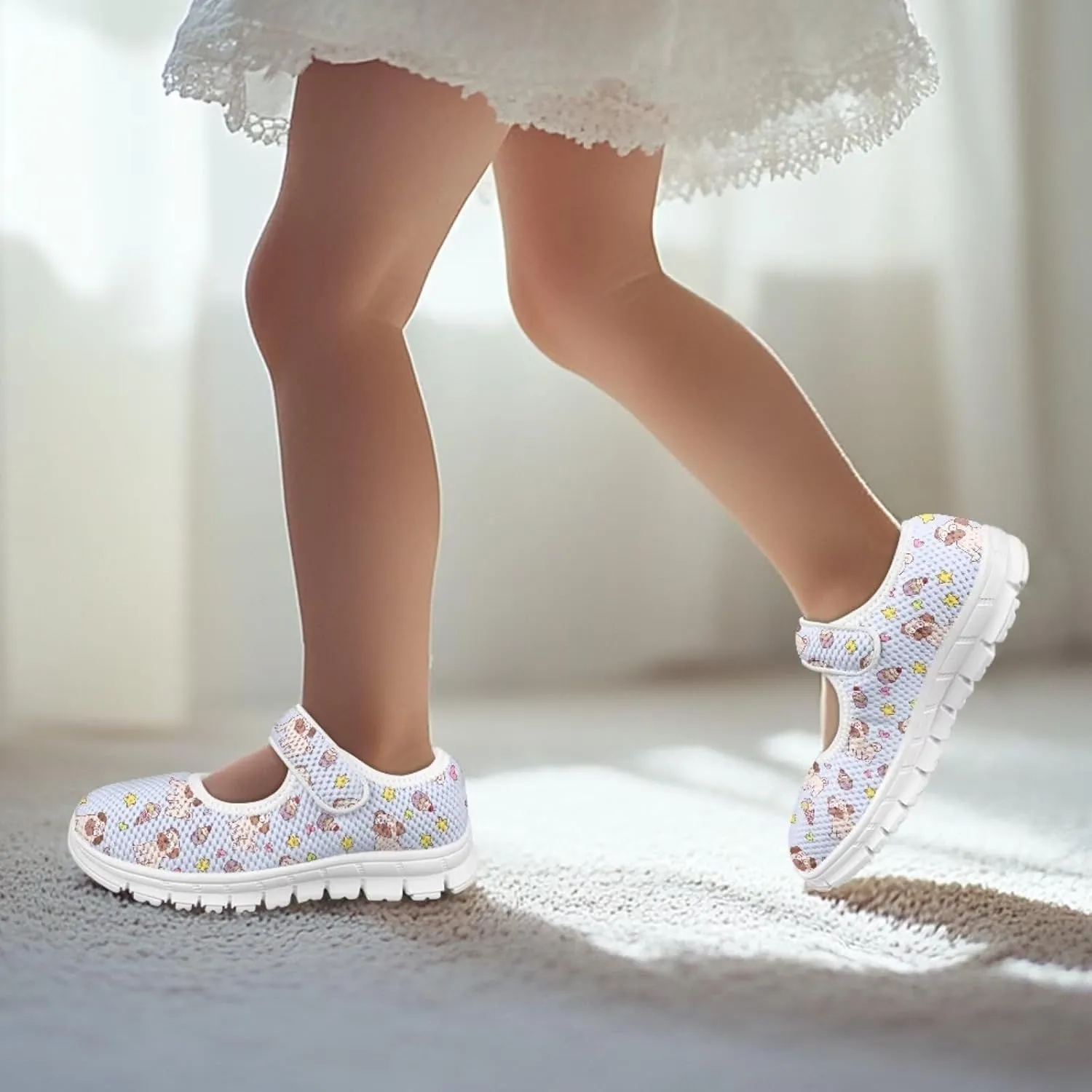 Puppy Print Mary Jane Shoes for Girls Toddler Dress Shoes Breathable Running Tennis Sneaker School Mesh Barefoot Shoes