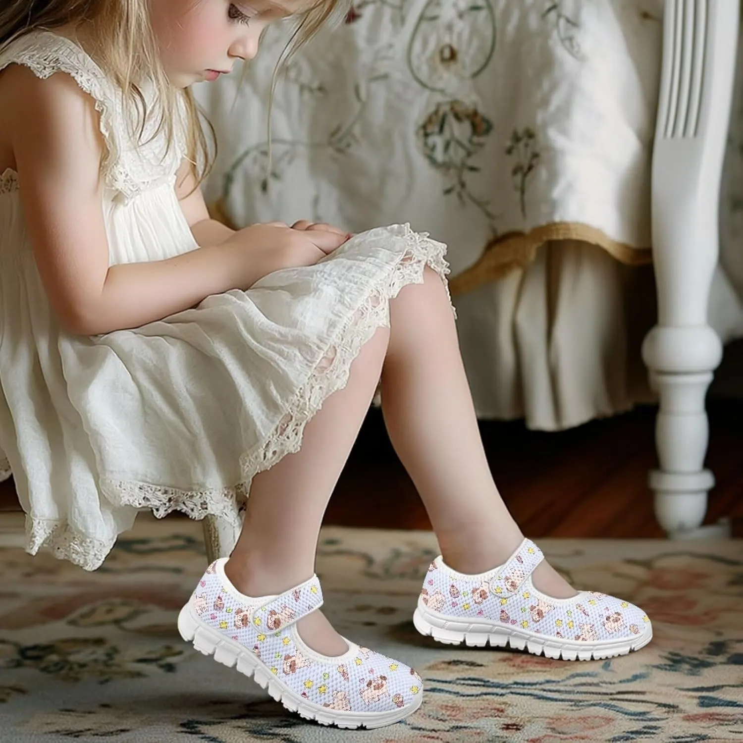 Puppy Print Mary Jane Shoes for Girls Toddler Dress Shoes Breathable Running Tennis Sneaker School Mesh Barefoot Shoes