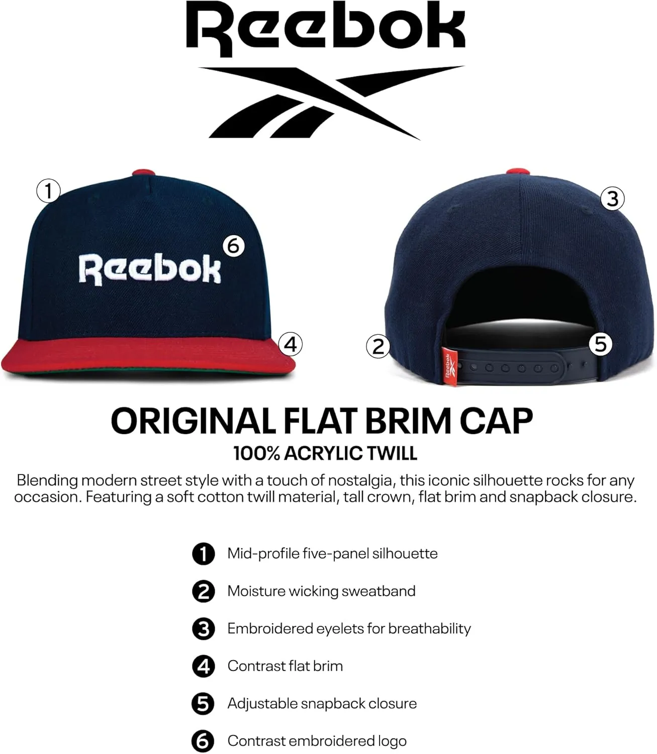 Reebok Originals Hat | Snapback | Adjustable | Flat Brim | Classic | Baseball Cap | Athletic Styling | Acrylic