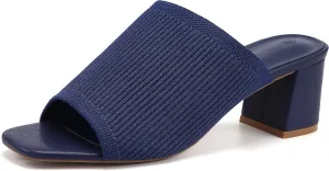 Rilista Women's Open Toe Heeled Mules Block Heels Sandals Knit Chunky Square Heels Slip On Breathable Slides Sandal
