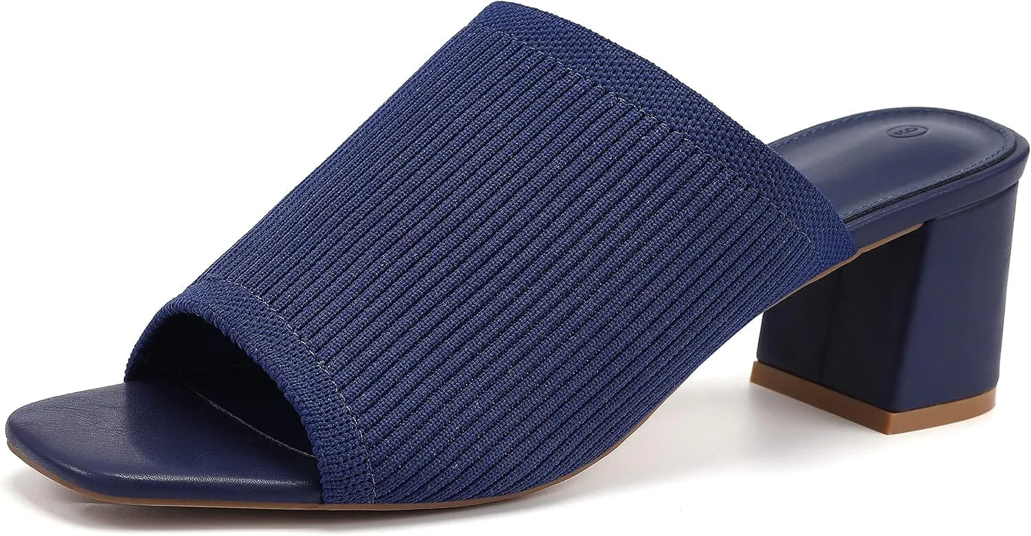 Rilista Women's Open Toe Heeled Mules Block Heels Sandals Knit Chunky Square Heels Slip On Breathable Slides Sandal