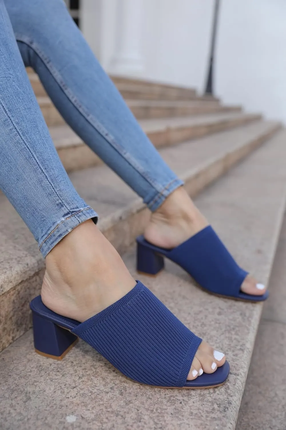 Rilista Women's Open Toe Heeled Mules Block Heels Sandals Knit Chunky Square Heels Slip On Breathable Slides Sandal