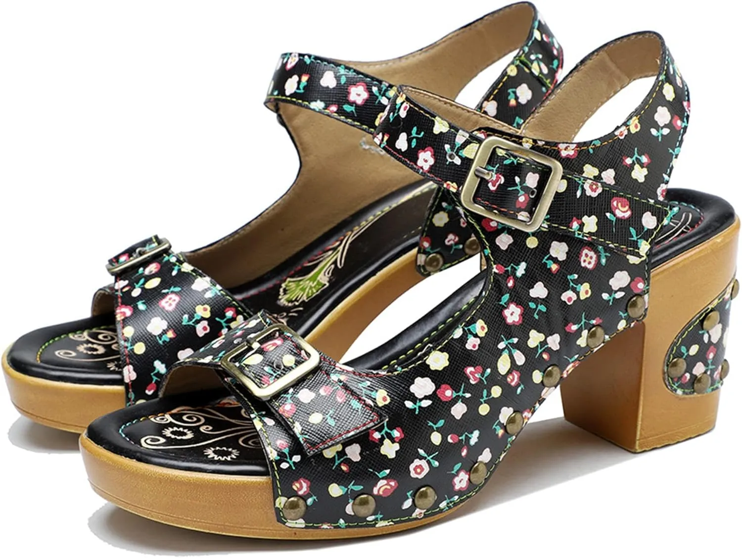 Riutiru Women's Handmade Lambskin Retro Casual Sandals for Spring and Summer, Contrast 3D Color-blocking Flower Comfortable High-heeled Sandals for Women
