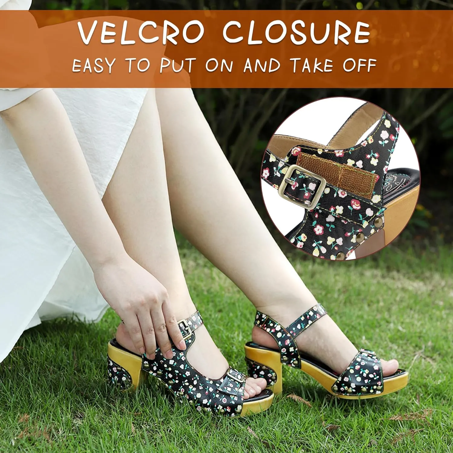 Riutiru Women's Handmade Lambskin Retro Casual Sandals for Spring and Summer, Contrast 3D Color-blocking Flower Comfortable High-heeled Sandals for Women