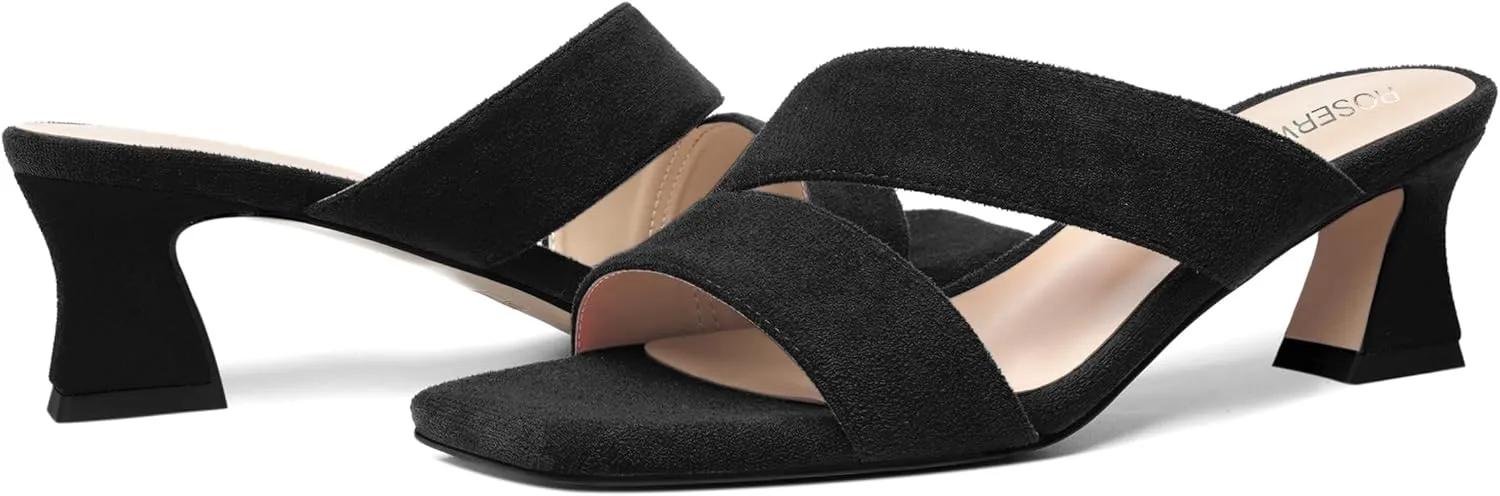 ROSERWISH Womens Fahion Dating Suede Slip On Open Toe Dress Chunky Low Heel Heeled Sandals 2 Inch