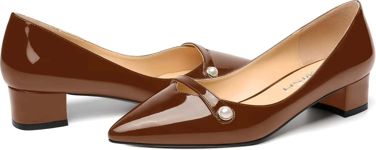 ROSERWISH Womens Work Wedding Slip On Patent Pointed Toe Cute Chunky Low Heel Pumps Dress Shoes 1.5 Inch