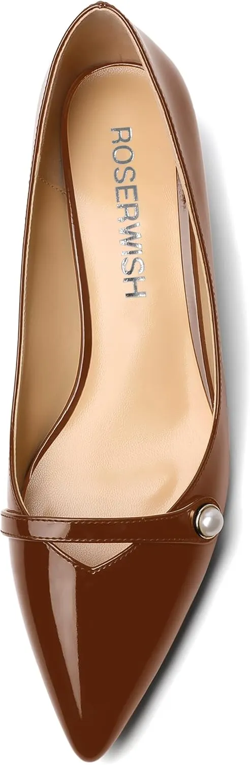 ROSERWISH Womens Work Wedding Slip On Patent Pointed Toe Cute Chunky Low Heel Pumps Dress Shoes 1.5 Inch