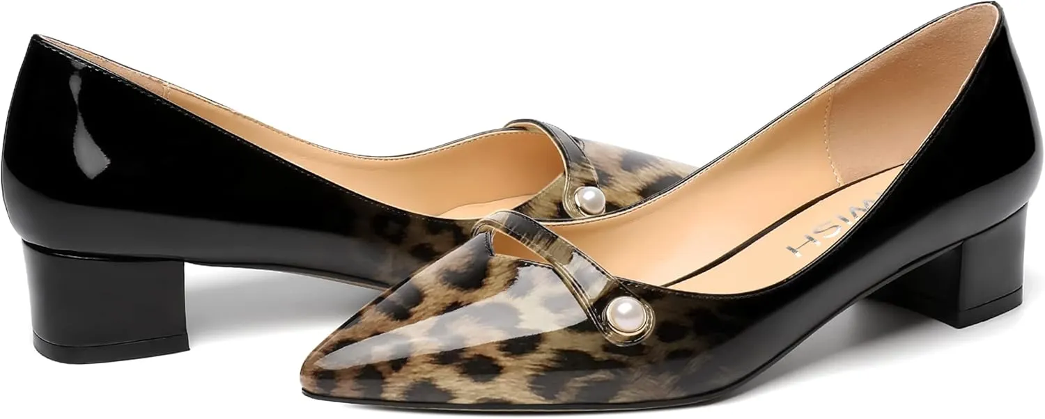 ROSERWISH Womens Work Wedding Slip On Patent Pointed Toe Cute Chunky Low Heel Pumps Dress Shoes 1.5 Inch