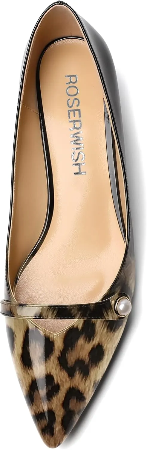 ROSERWISH Womens Work Wedding Slip On Patent Pointed Toe Cute Chunky Low Heel Pumps Dress Shoes 1.5 Inch