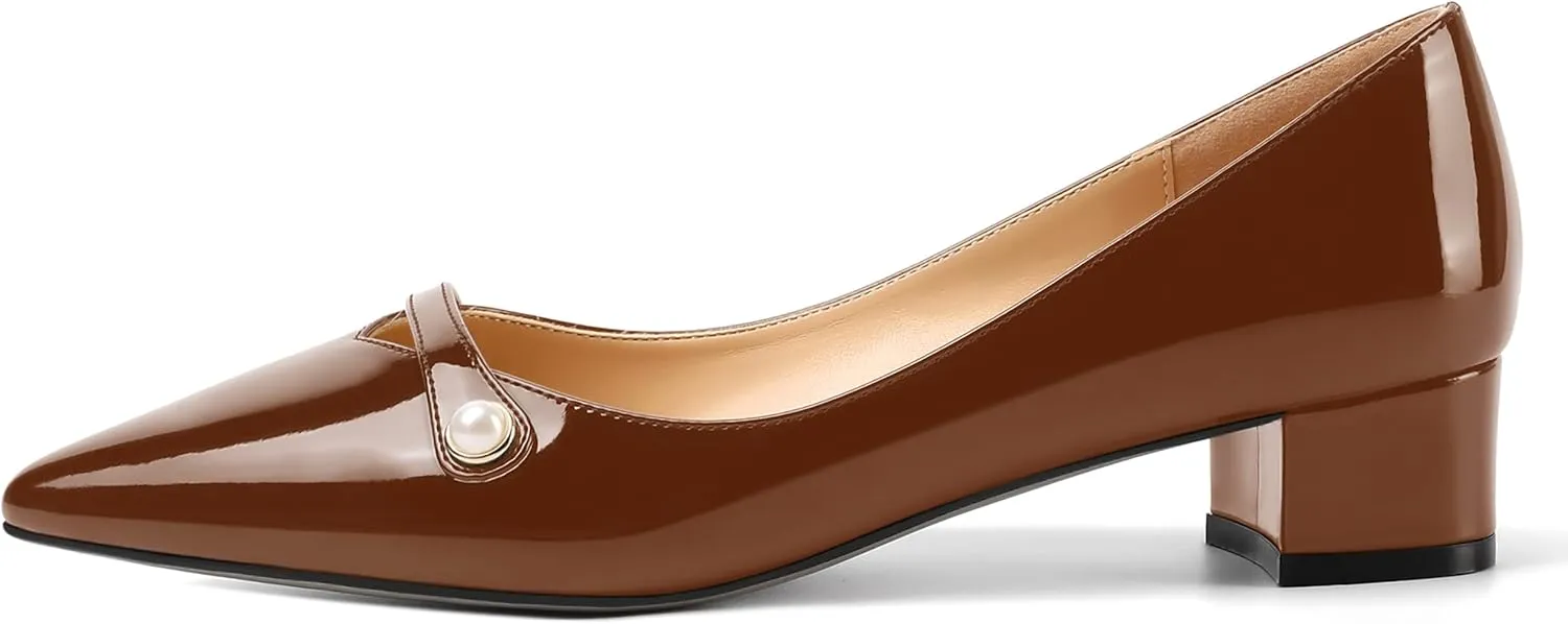 ROSERWISH Womens Work Wedding Slip On Patent Pointed Toe Cute Chunky Low Heel Pumps Dress Shoes 1.5 Inch