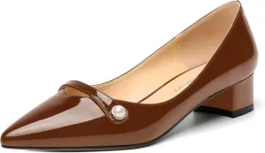 ROSERWISH Womens Work Wedding Slip On Patent Pointed Toe Cute Chunky Low Heel Pumps Dress Shoes 1.5 Inch