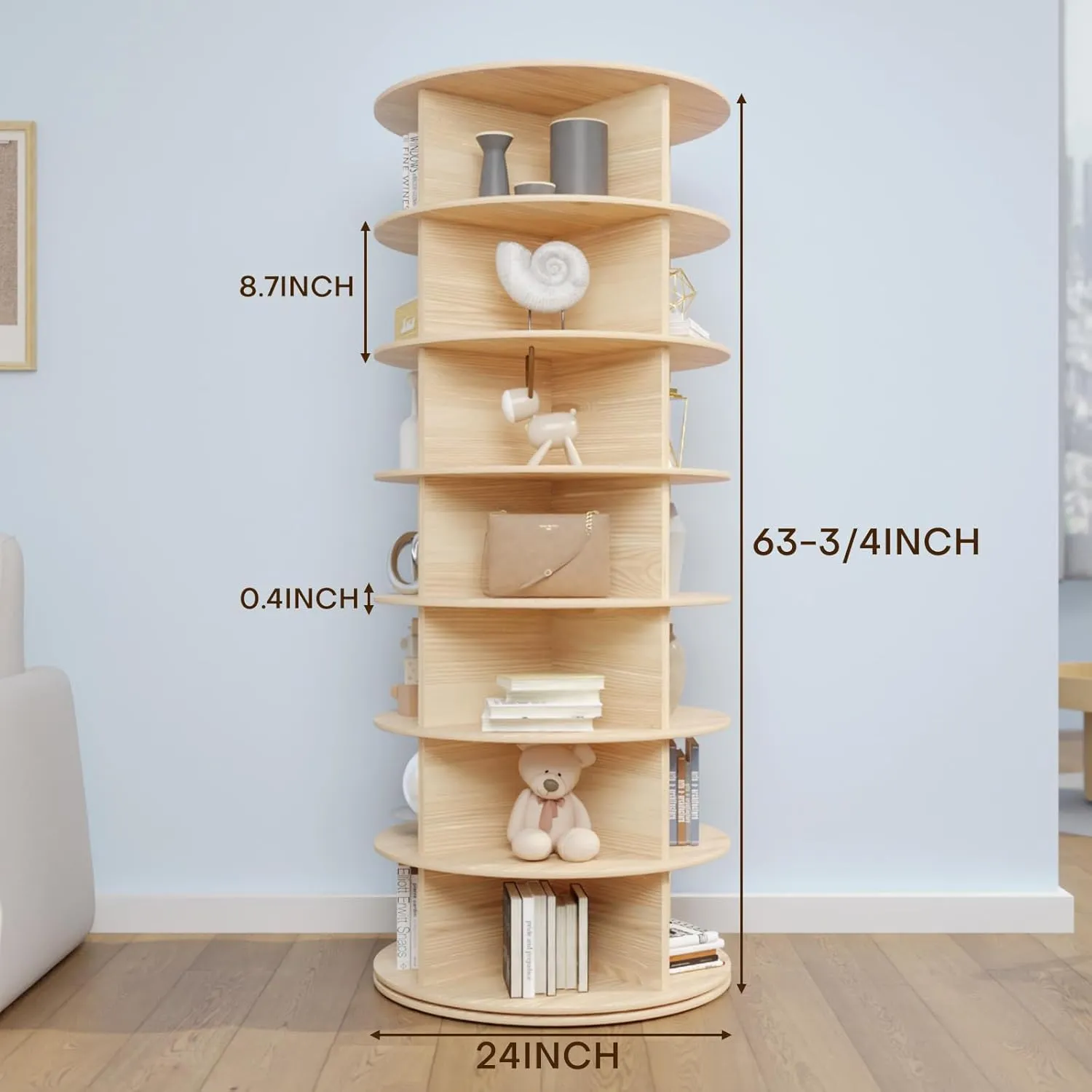 Rotating Shoe Rack Tower, 7-Tier 24" Wide Solid Pine Wood Spinning Shoe Display 360° Lazy Susan Shoe Rack, Revolving Shoe Stand, Shoe Rotating Organizer for Closet Shoes and Handbags
