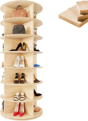 Rotating Shoe Rack Tower, 7-Tier 24" Wide Solid Pine Wood Spinning Shoe Display 360° Lazy Susan Shoe Rack, Revolving Shoe Stand, Shoe Rotating Organizer for Closet Shoes and Handbags
