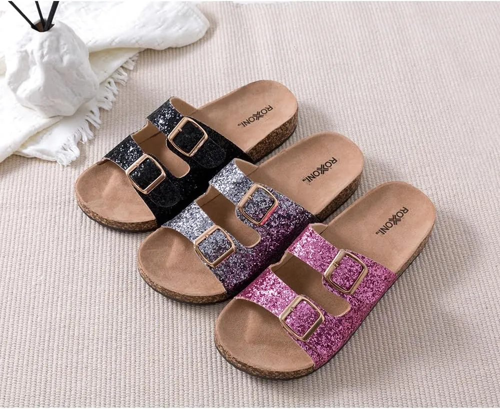 Roxoni Women's Party Gliters Comfort Flat Sandals Double Buckle Adjustable Straps Flat Slides Footbed Suede