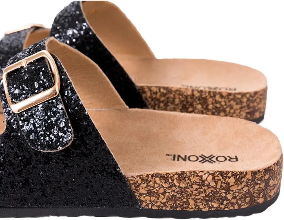 Roxoni Women's Party Gliters Comfort Flat Sandals Double Buckle Adjustable Straps Flat Slides Footbed Suede