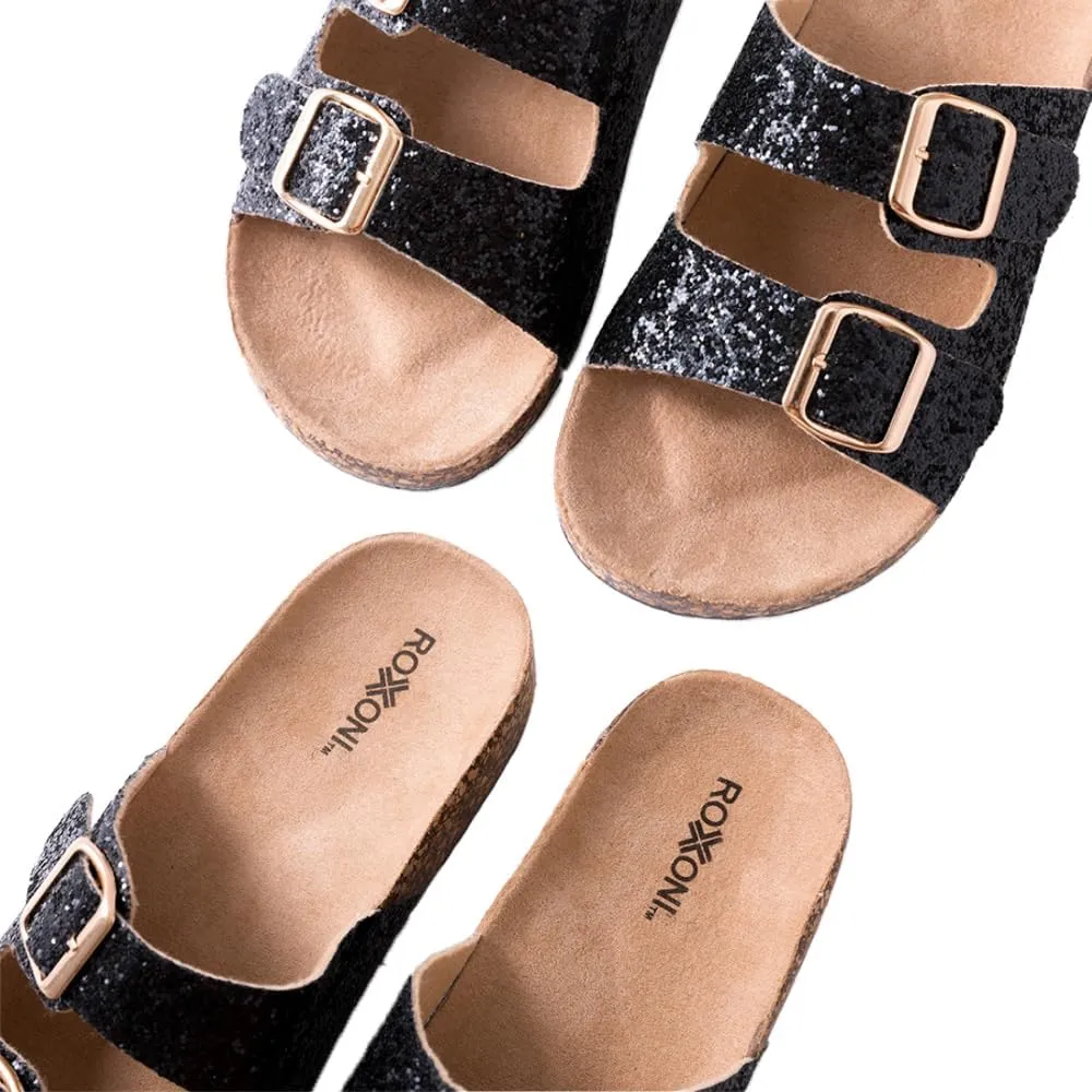 Roxoni Women's Party Gliters Comfort Flat Sandals Double Buckle Adjustable Straps Flat Slides Footbed Suede