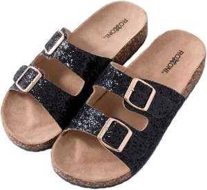 Roxoni Women's Party Gliters Comfort Flat Sandals Double Buckle Adjustable Straps Flat Slides Footbed Suede