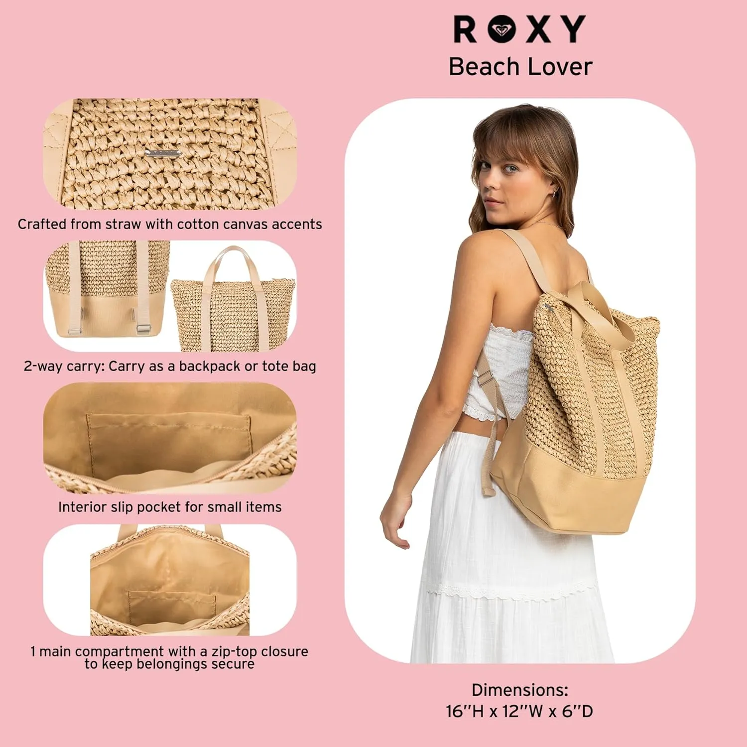 Roxy Women's Beach Tote Bag | Travel | Vacation | Straw | Lightweight | Breathable