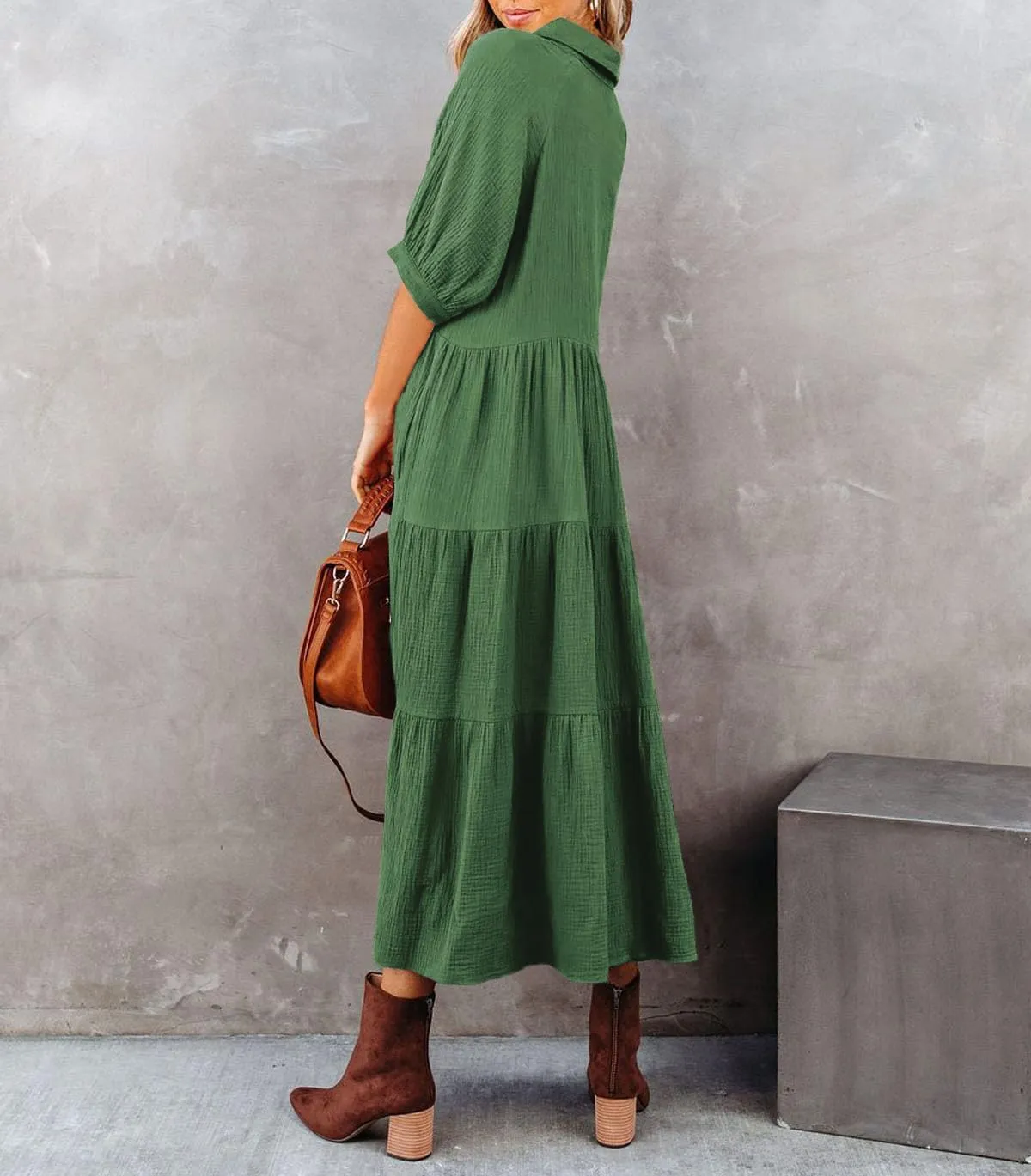 R.Vivimos Women's Summer Cotton Half Sleeves Button Down Casual Loose Slit Midi Dress with Pockets