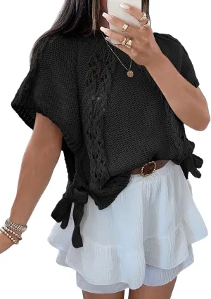 Saodimallsu Womens Summer Short Sleeve Sweater Side Tie Cropped Casual Crewneck Crochet Loose Knit Pullover Tops