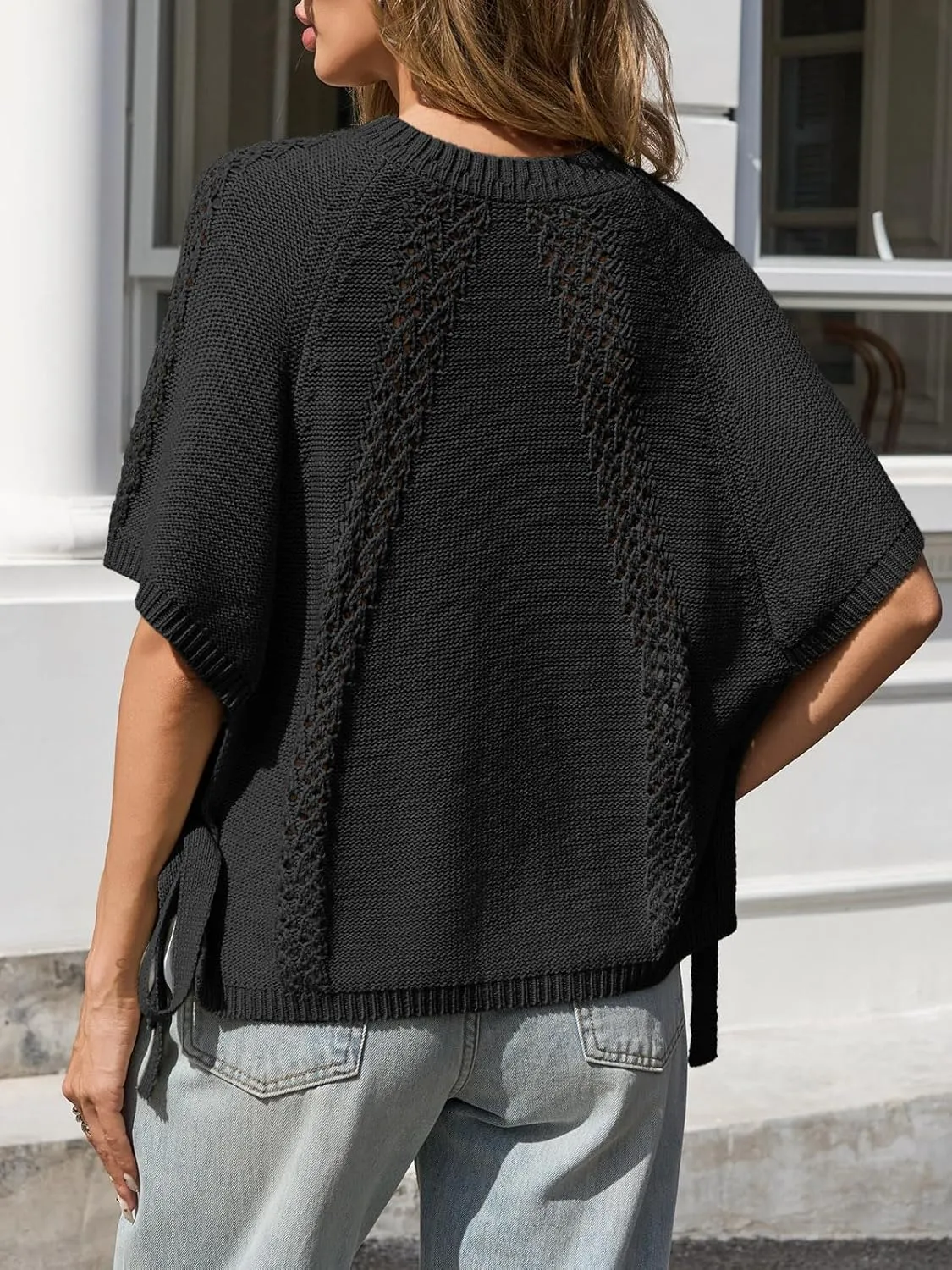 Saodimallsu Womens Summer Short Sleeve Sweater Side Tie Cropped Casual Crewneck Crochet Loose Knit Pullover Tops
