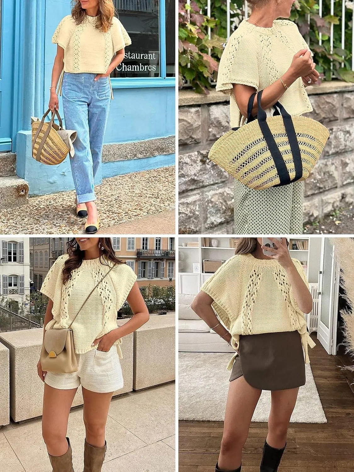 Saodimallsu Womens Summer Short Sleeve Sweater Side Tie Cropped Casual Crewneck Crochet Loose Knit Pullover Tops