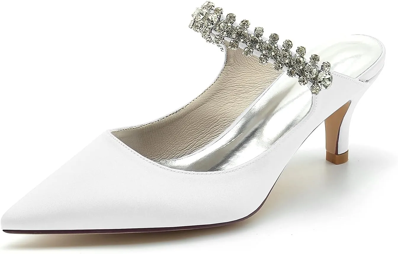 Satin Wedding Dress Shoes for Bride Mid Heeled Sandals Kitten Heel Slingback Pointed Toe Womens Closed Mule Pumps Prom Evening Party Wedding Dress Shoes