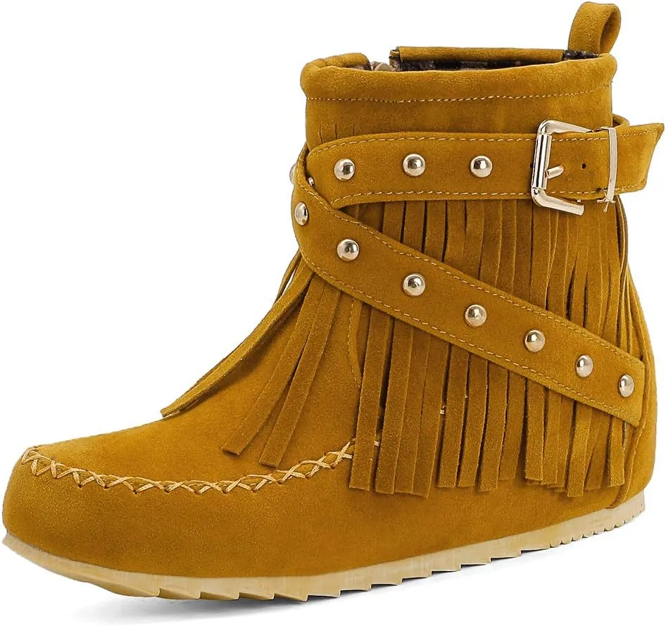 Scaoruki Women Casual Ankle Boots Flat Fringe Mocassion Booties