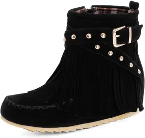 Scaoruki Women Casual Ankle Boots Flat Fringe Mocassion Booties