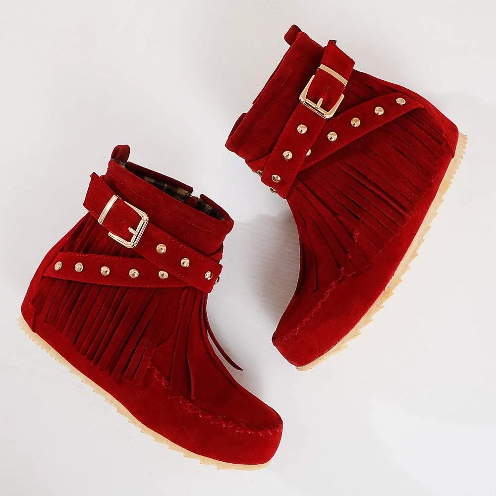 Scaoruki Women Casual Ankle Boots Flat Fringe Mocassion Booties