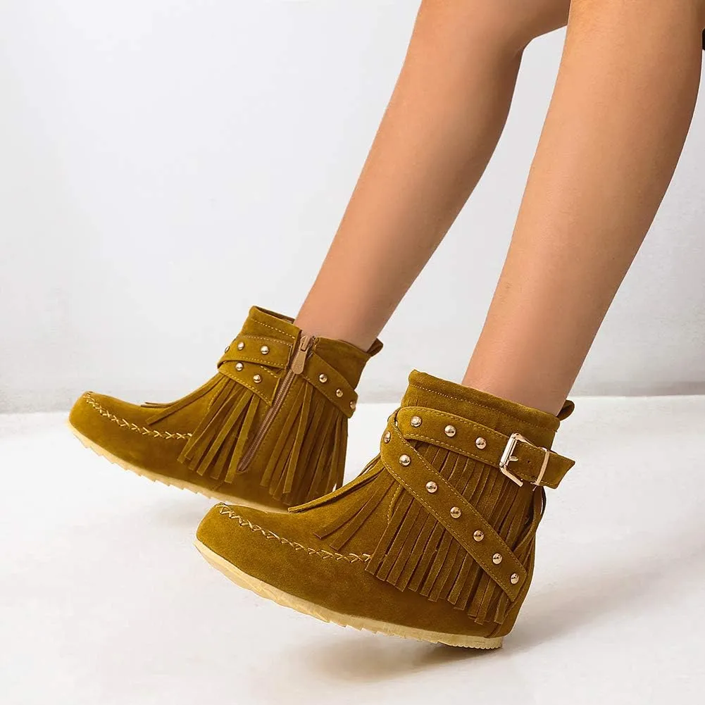 Scaoruki Women Casual Ankle Boots Flat Fringe Mocassion Booties