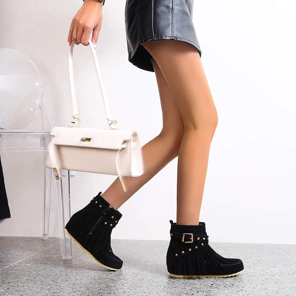 Scaoruki Women Casual Ankle Boots Flat Fringe Mocassion Booties