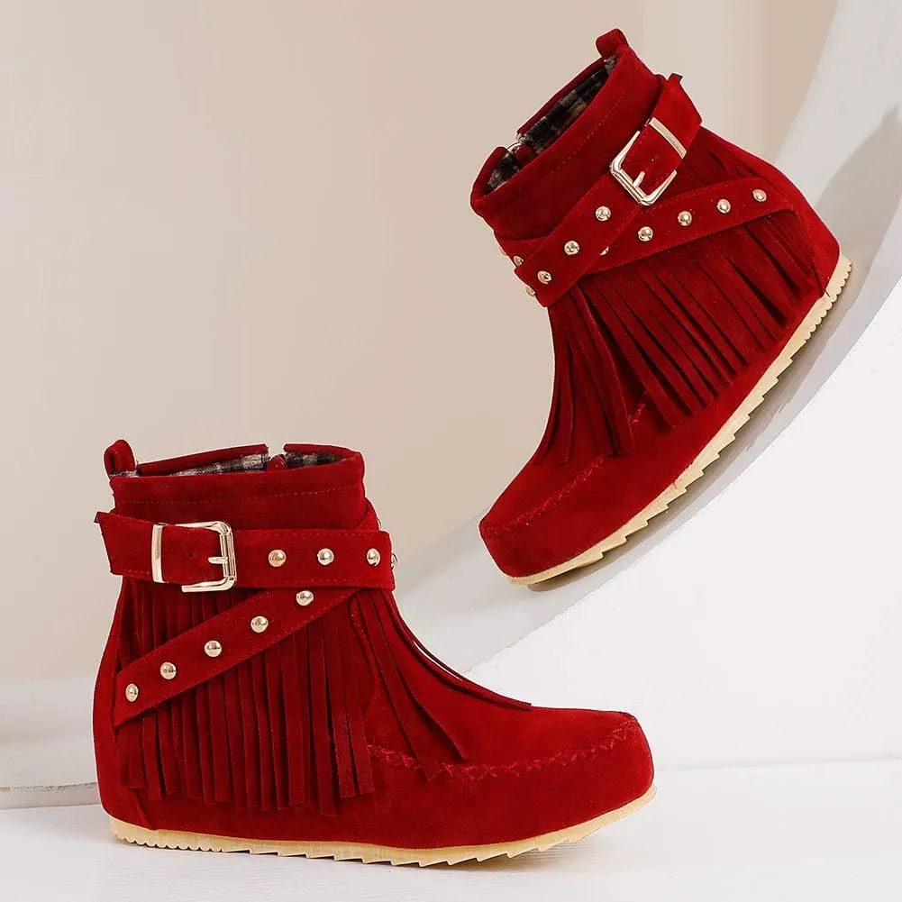 Scaoruki Women Casual Ankle Boots Flat Fringe Mocassion Booties