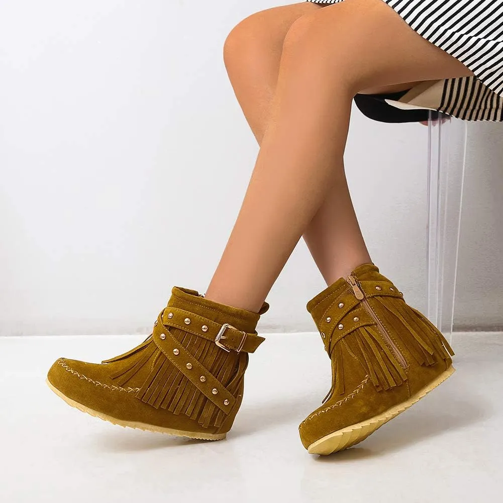 Scaoruki Women Casual Ankle Boots Flat Fringe Mocassion Booties