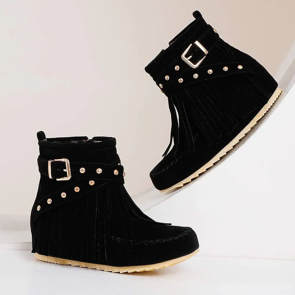 Scaoruki Women Casual Ankle Boots Flat Fringe Mocassion Booties