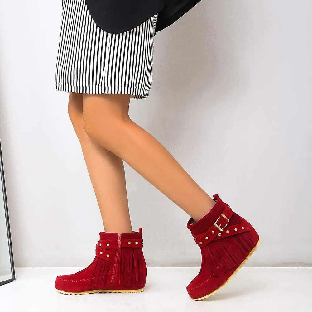 Scaoruki Women Casual Ankle Boots Flat Fringe Mocassion Booties
