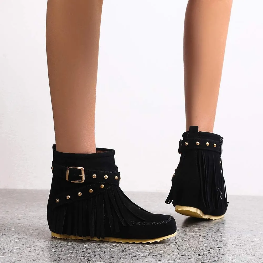 Scaoruki Women Casual Ankle Boots Flat Fringe Mocassion Booties