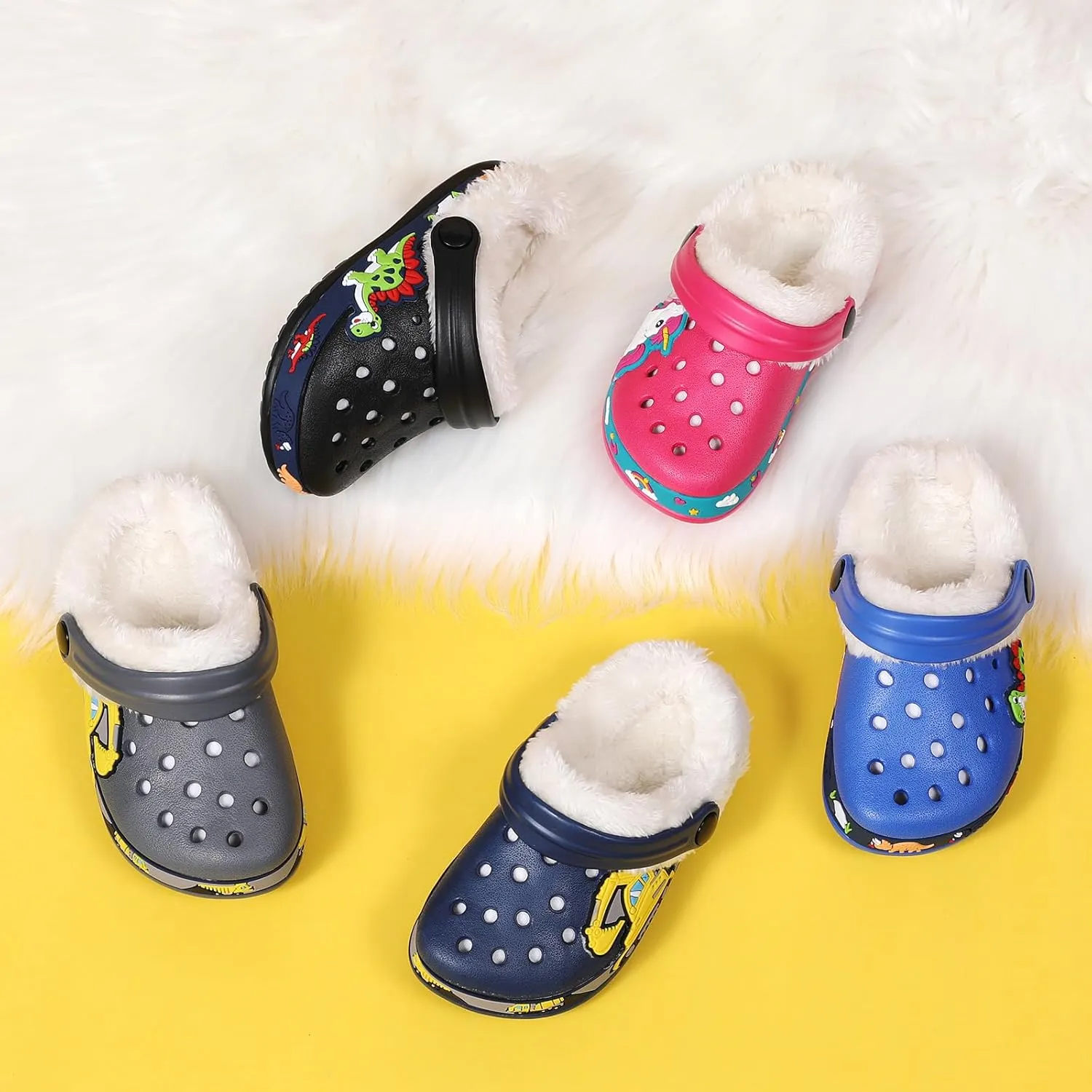 SECHRITE Kids Fur Lined Clogs Garden Shoes for Boys Girls Toddler Cartoon Sandals with Removable Fleece Lined Winter Warm Indoor Outdoor Home Slippers Non-Slip Sole