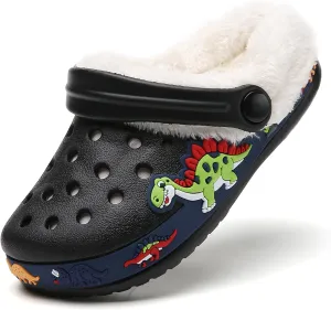 SECHRITE Kids Fur Lined Clogs Garden Shoes for Boys Girls Toddler Cartoon Sandals with Removable Fleece Lined Winter Warm Indoor Outdoor Home Slippers Non-Slip Sole