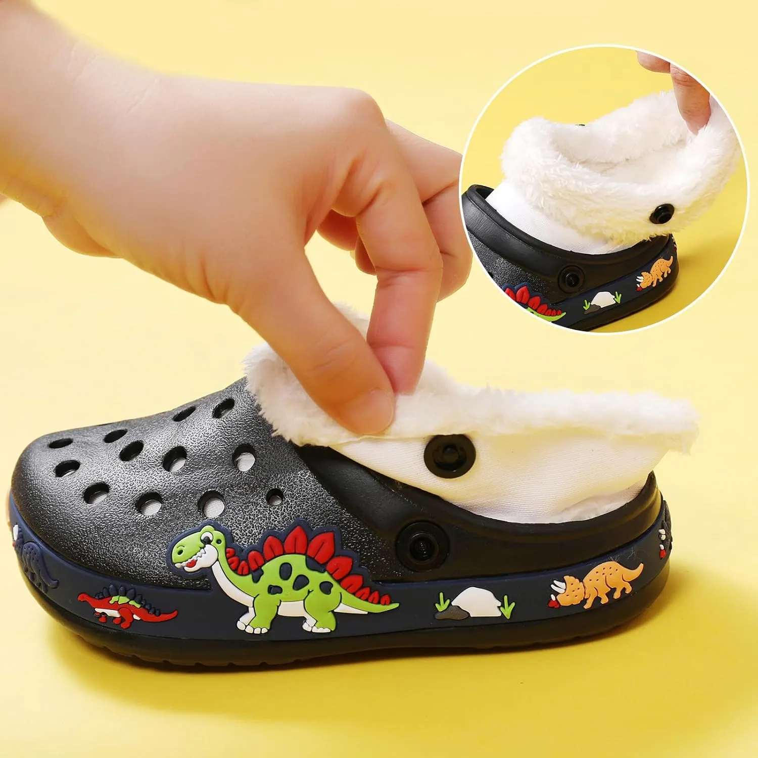 SECHRITE Kids Fur Lined Clogs Garden Shoes for Boys Girls Toddler Cartoon Sandals with Removable Fleece Lined Winter Warm Indoor Outdoor Home Slippers Non-Slip Sole
