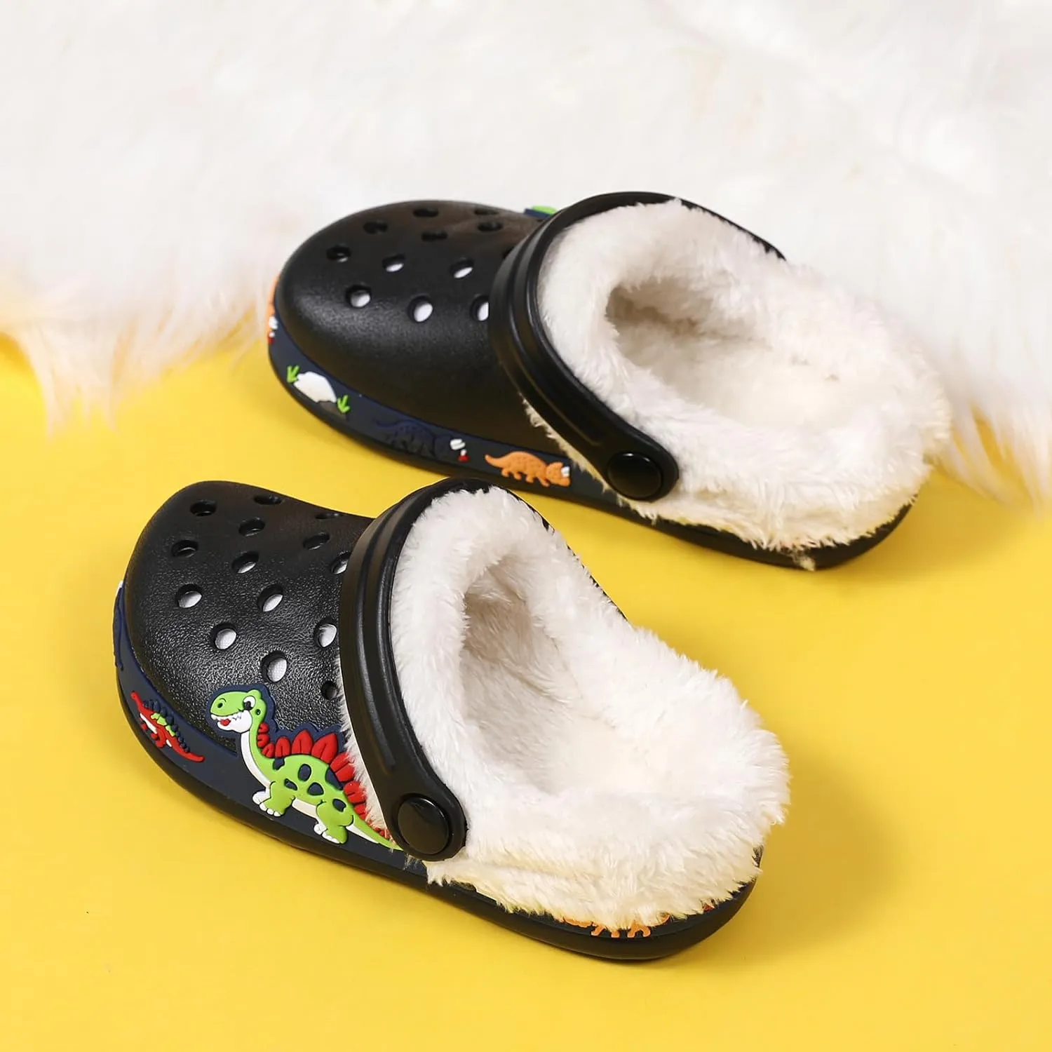 SECHRITE Kids Fur Lined Clogs Garden Shoes for Boys Girls Toddler Cartoon Sandals with Removable Fleece Lined Winter Warm Indoor Outdoor Home Slippers Non-Slip Sole