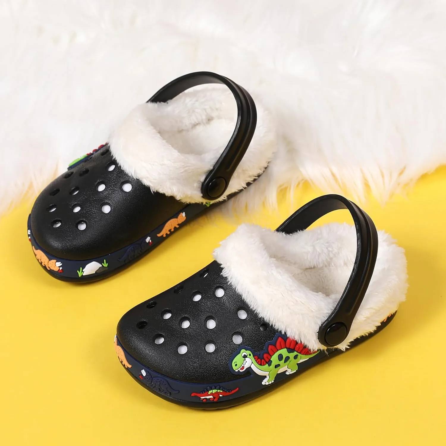 SECHRITE Kids Fur Lined Clogs Garden Shoes for Boys Girls Toddler Cartoon Sandals with Removable Fleece Lined Winter Warm Indoor Outdoor Home Slippers Non-Slip Sole