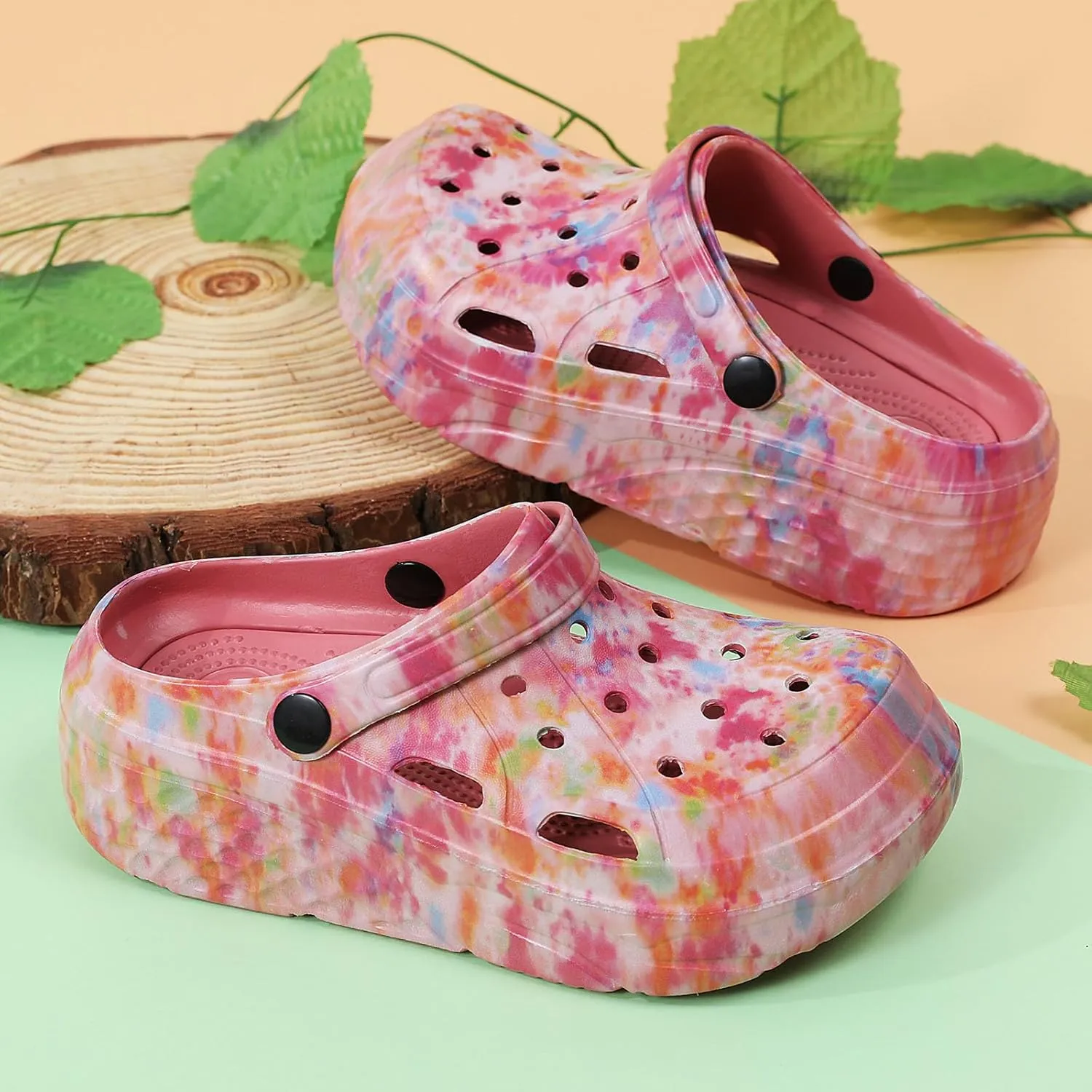 SECHRITE Womens Platform Graphic Clogs Garden Shoes Slip On Sandals Water Beach Outdoor Slippers Shoes with Removable Insole
