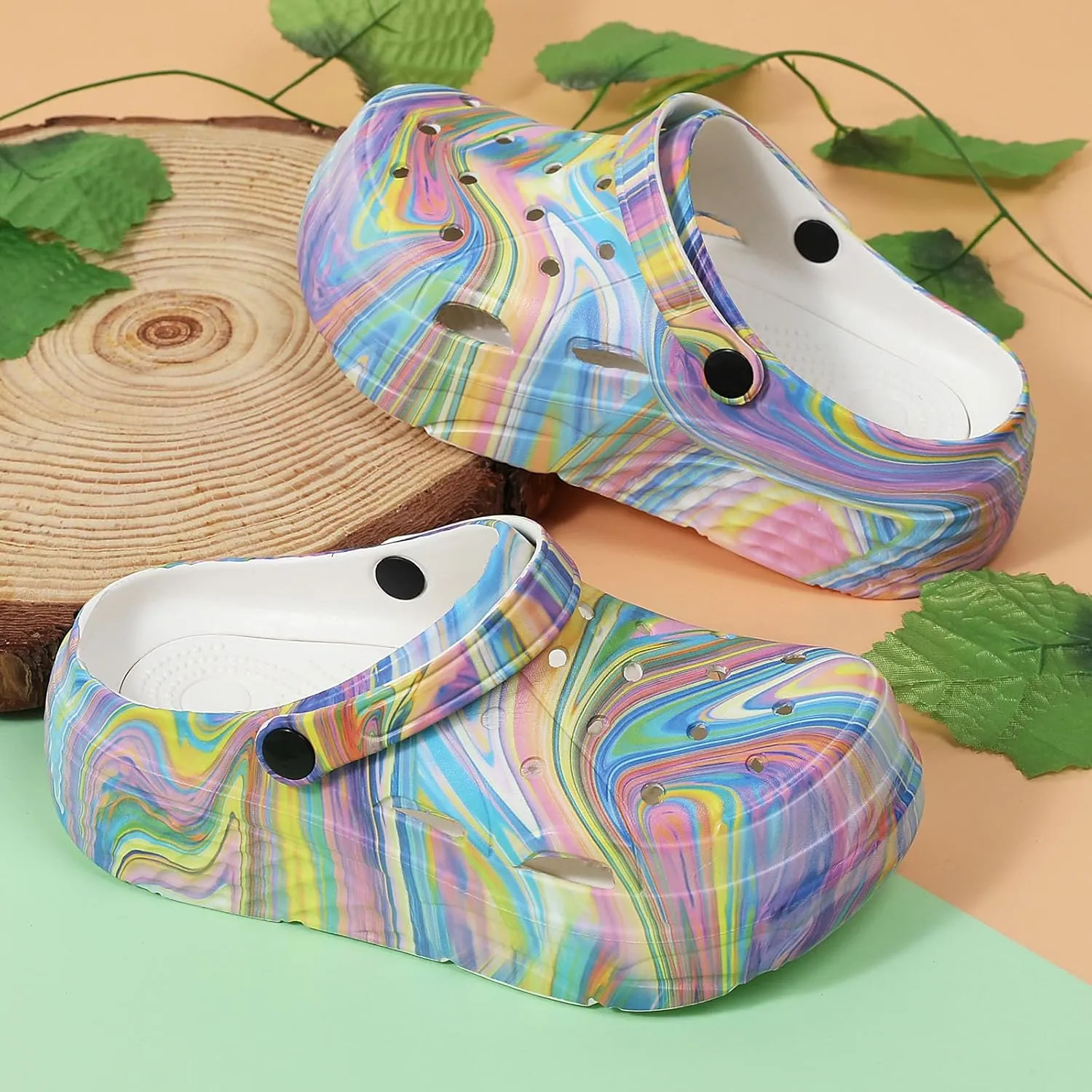 SECHRITE Womens Platform Graphic Clogs Garden Shoes Slip On Sandals Water Beach Outdoor Slippers Shoes with Removable Insole
