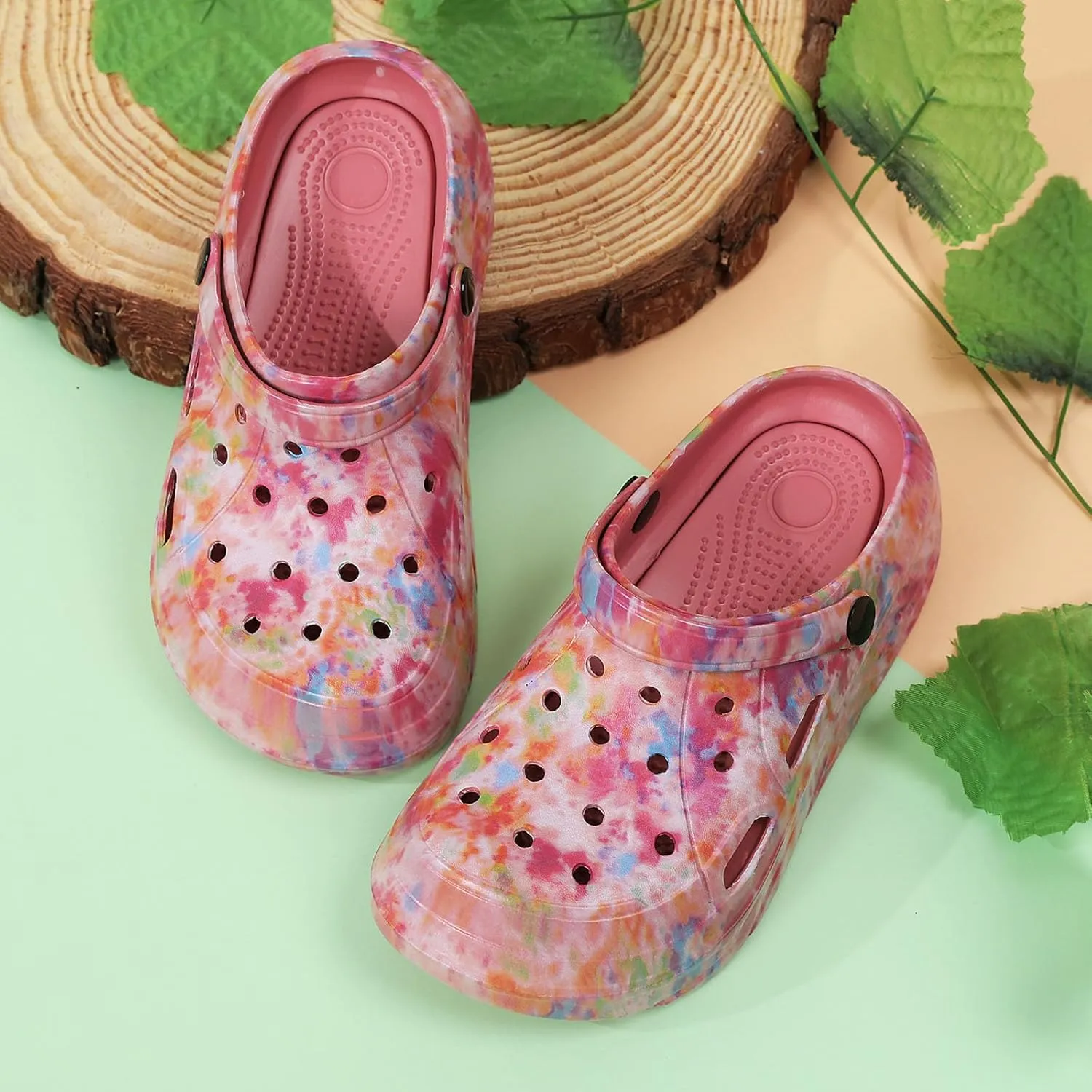 SECHRITE Womens Platform Graphic Clogs Garden Shoes Slip On Sandals Water Beach Outdoor Slippers Shoes with Removable Insole